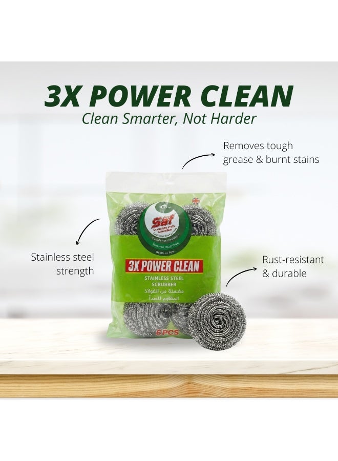 SAF Stainless Steel Spiral Scrub Sponge – Pack of 6, Heavy Duty Metal Scouring Pads for Kitchen Cleaning, Removes Tough Grease & Burnt Food, Reusable Dish & Cookware Scrubbers - Image 4